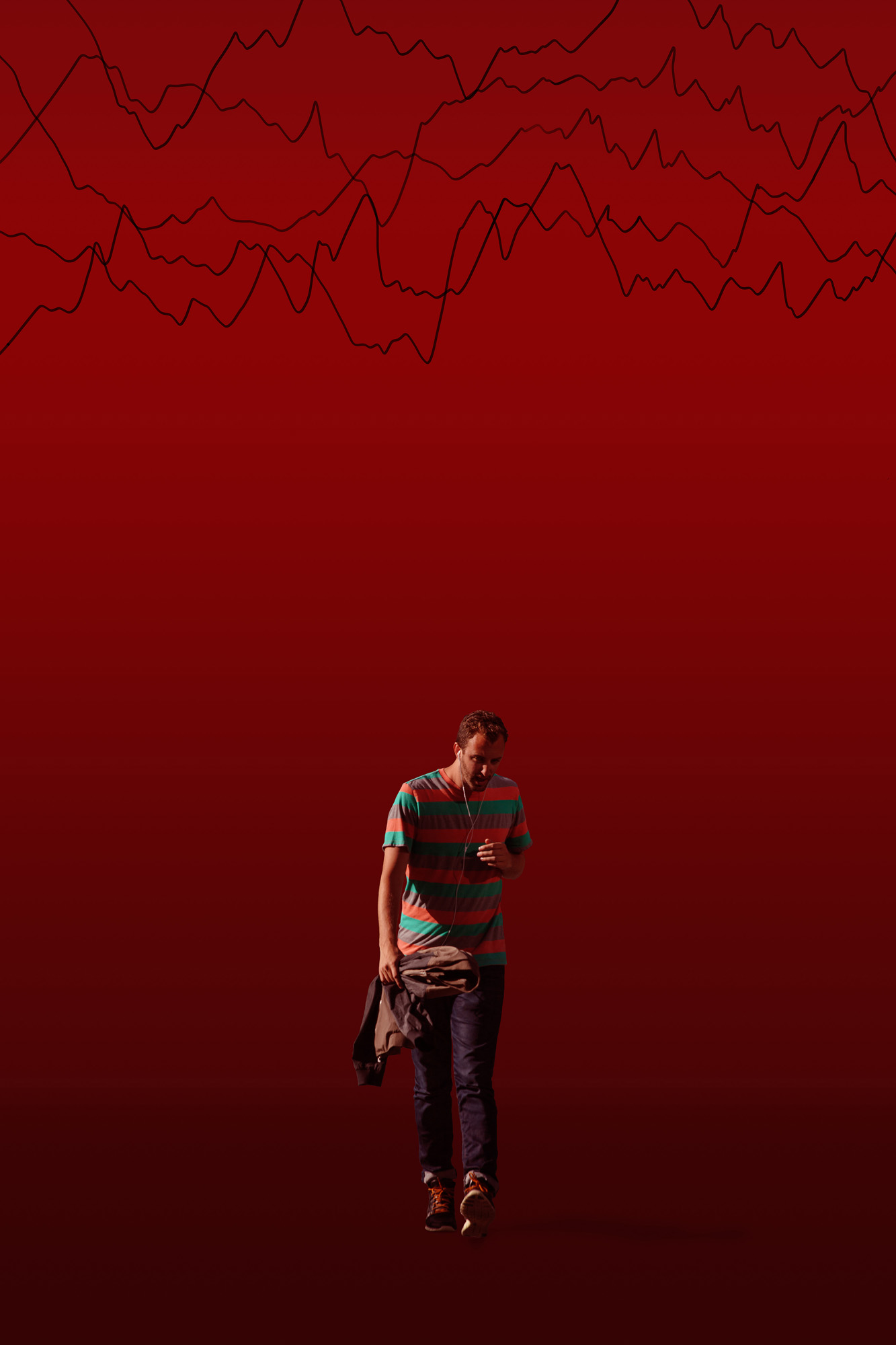 This is a color digital photograph featuring a person isolated in a significantly modified background. The image is dominated by a black and red color palette, and graphics that reference eonomic indicators. While the image started with street photography, the additional colors and graphics tie the image to economic conditions.