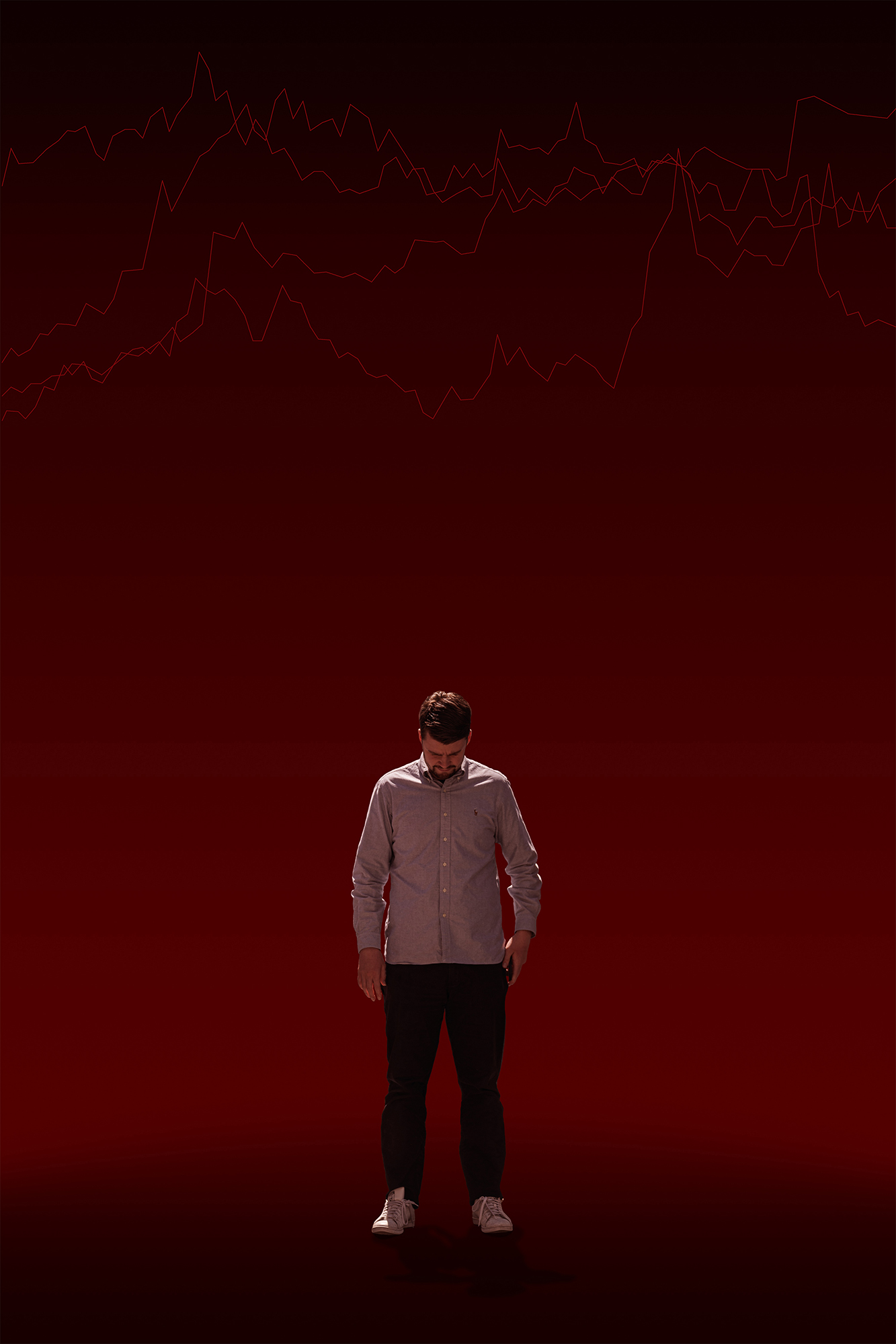This is a color digital photograph featuring a person isolated in a significantly modified background. The image is dominated by a black and red color palette, and graphics that reference eonomic indicators. While the image started with street photography, the additional colors and graphics tie the image to economic conditions.