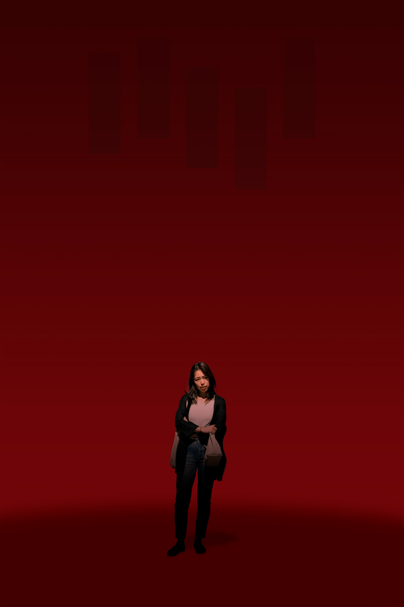 This is a color digital photograph featuring a person isolated in a significantly modified background. The image is dominated by a black and red color palette, and graphics that reference eonomic indicators. While the image started with street photography, the additional colors and graphics tie the image to economic conditions.