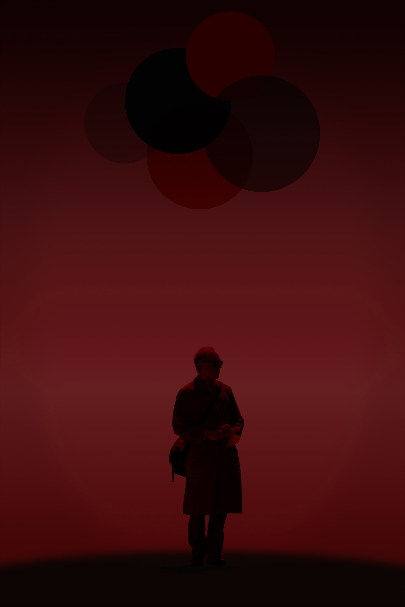 This is a color digital photograph featuring a person isolated in a significantly modified background. The image is dominated by a black and red color palette, and graphics that reference eonomic indicators. While the image started with street photography, the additional colors and graphics tie the image to economic conditions.