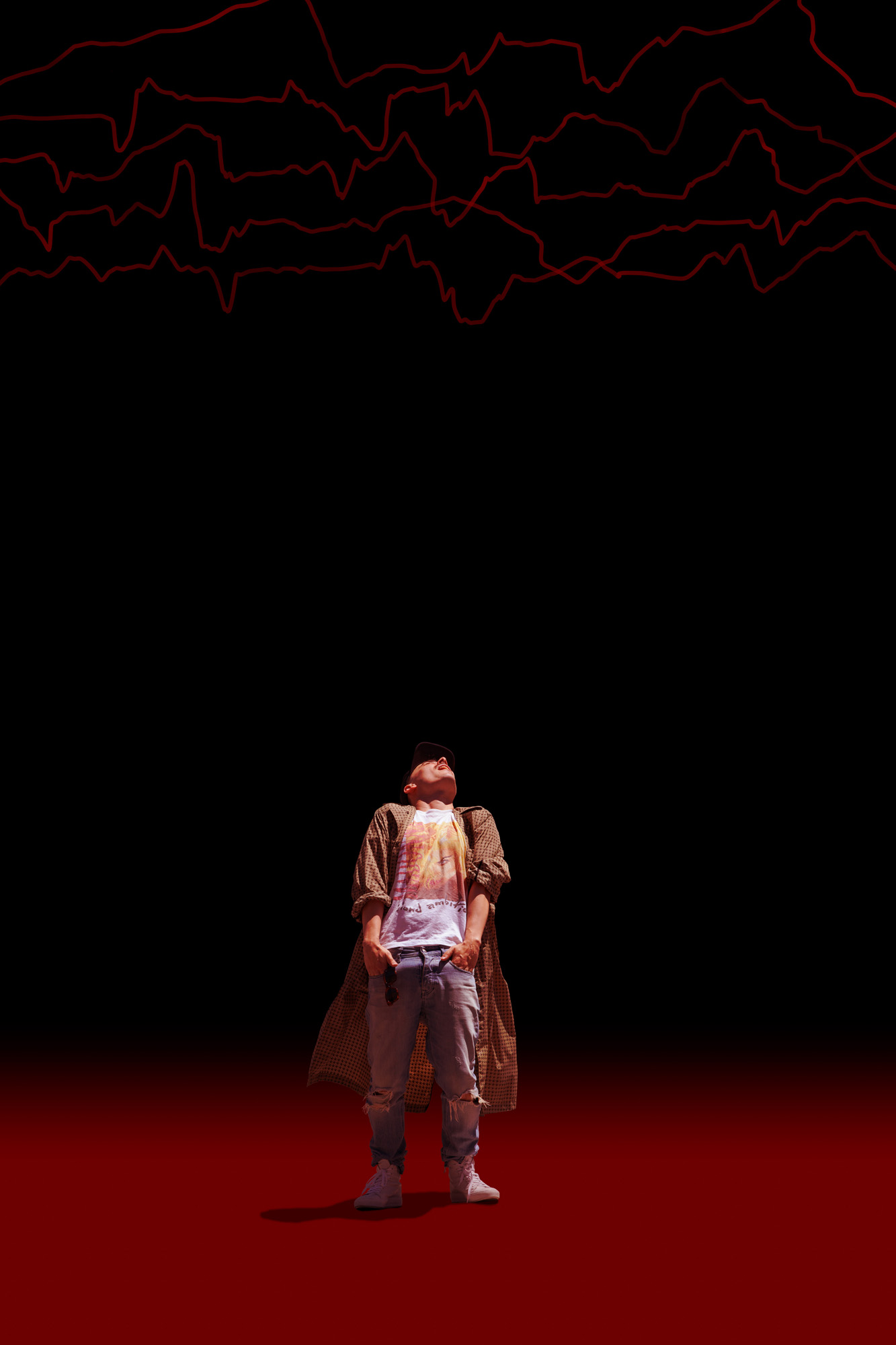 This is a color digital photograph featuring a person isolated in a significantly modified background. The image is dominated by a black and red color palette, and graphics that reference eonomic indicators. While the image started with street photography, the additional colors and graphics tie the image to economic conditions.