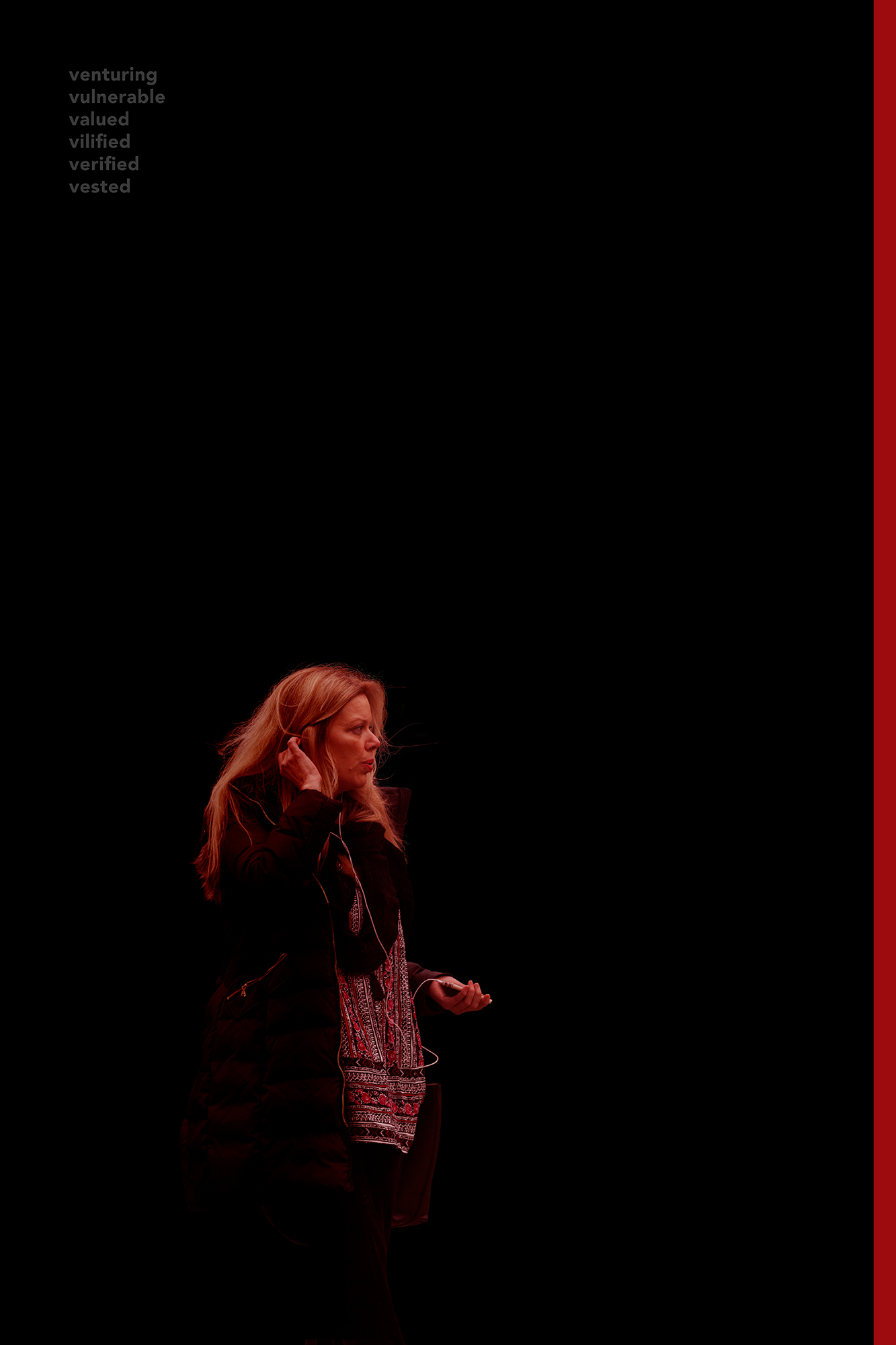 This is a color digital photograph featuring a person isolated in a significantly modified background. The image is dominated by a black and red color palette, and graphics that reference eonomic indicators. While the image started with street photography, the additional colors and graphics tie the image to economic conditions.