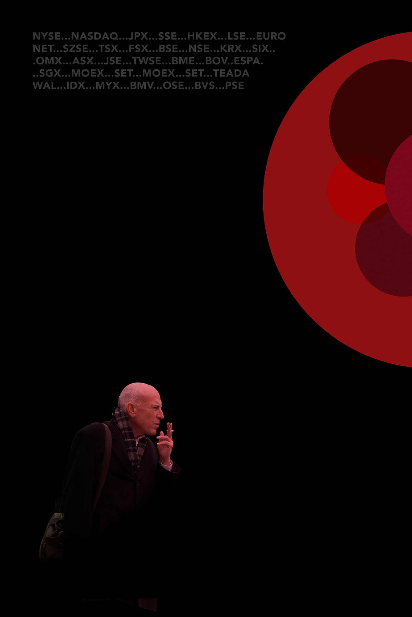 This is a color digital photograph featuring a person isolated in a significantly modified background. The image is dominated by a black and red color palette, and graphics that reference eonomic indicators. While the image started with street photography, the additional colors and graphics tie the image to economic conditions.