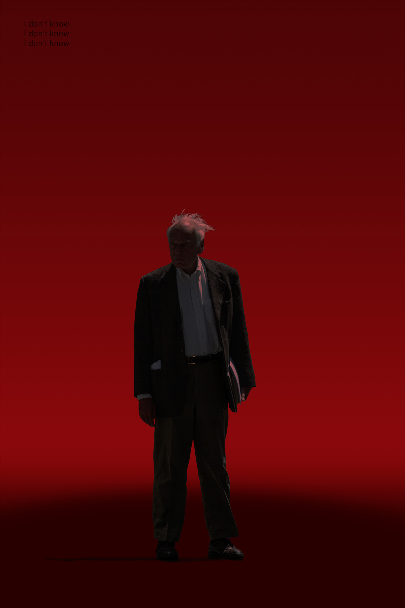 This is a color digital photograph featuring a person isolated in a significantly modified background. The image is dominated by a black and red color palette, and graphics that reference eonomic indicators. While the image started with street photography, the additional colors and graphics tie the image to economic conditions.
