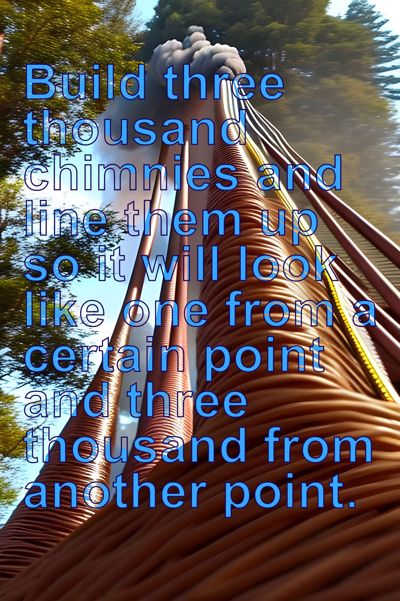 An image generated using artificial intelligence. It combines the prompt text (Yoko Ono's instruction) with the generated image. This image features a smokestake-like structure in some woods, with the prompt in blue text in front.