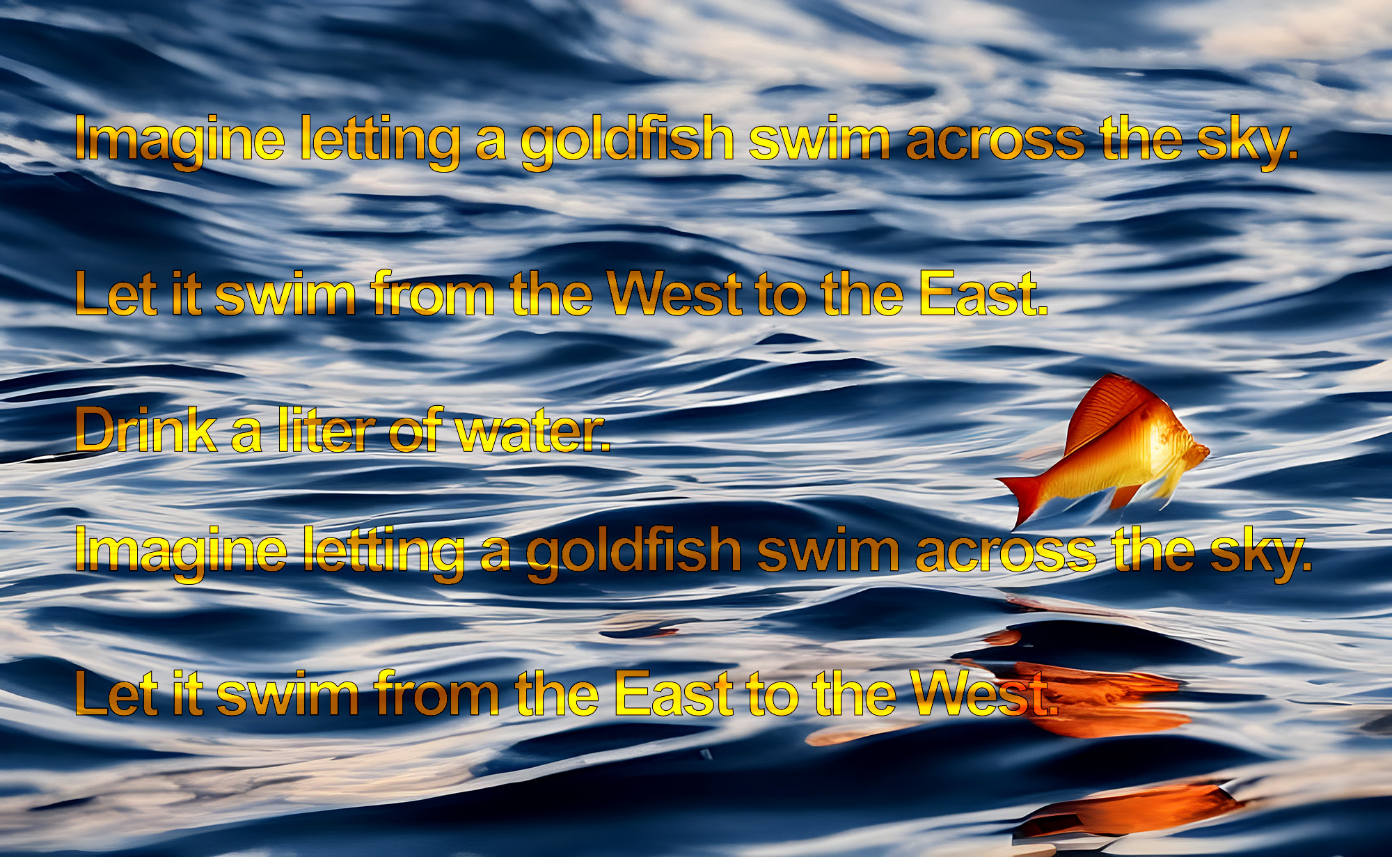 An image generated using artificial intelligence. It combines the prompt text (Yoko Ono's instruction) with the generated image. This image shows a goldfish hovering above rippled water, with the prompt in orange letters in front.